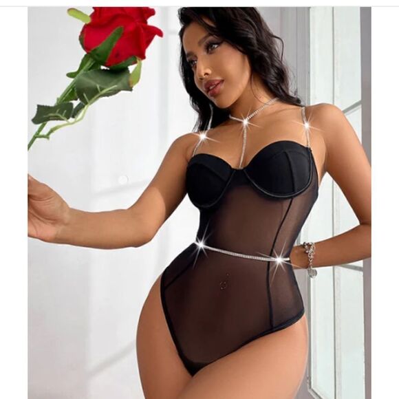 Silver Chain Strap Semi-sheer Mesh Bodysuit Lingerie Teddy - Picture 1 of 10